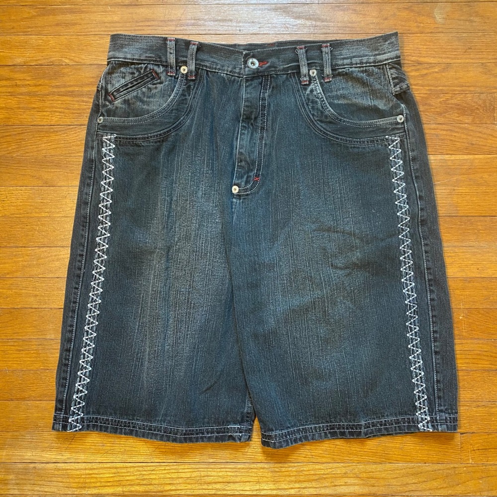 Knockout Mens Baggy Denim Shorts Black Y2K Embroidered Streetwear Size‎ 38x13